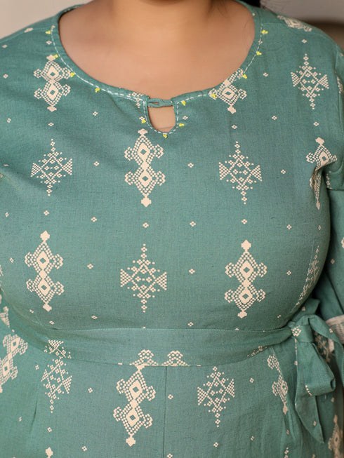 Jashvi Sage Green Geometric Printed Cotton Flex Jumpsuit With Zip Closure